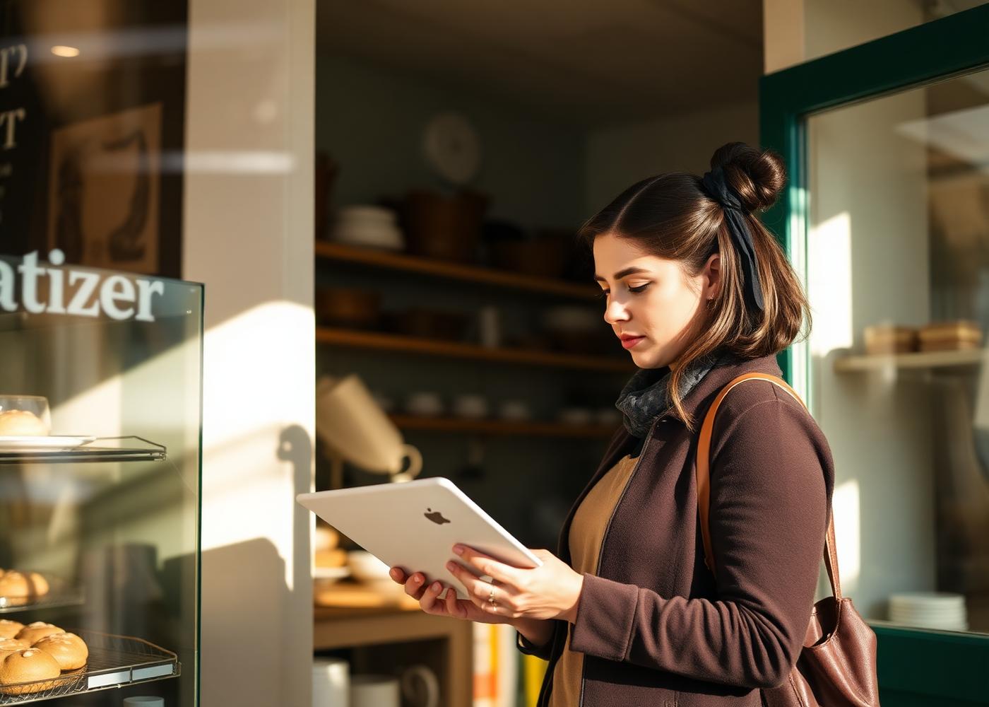 A small business owner reviewing plans on a tablet inside her storefront