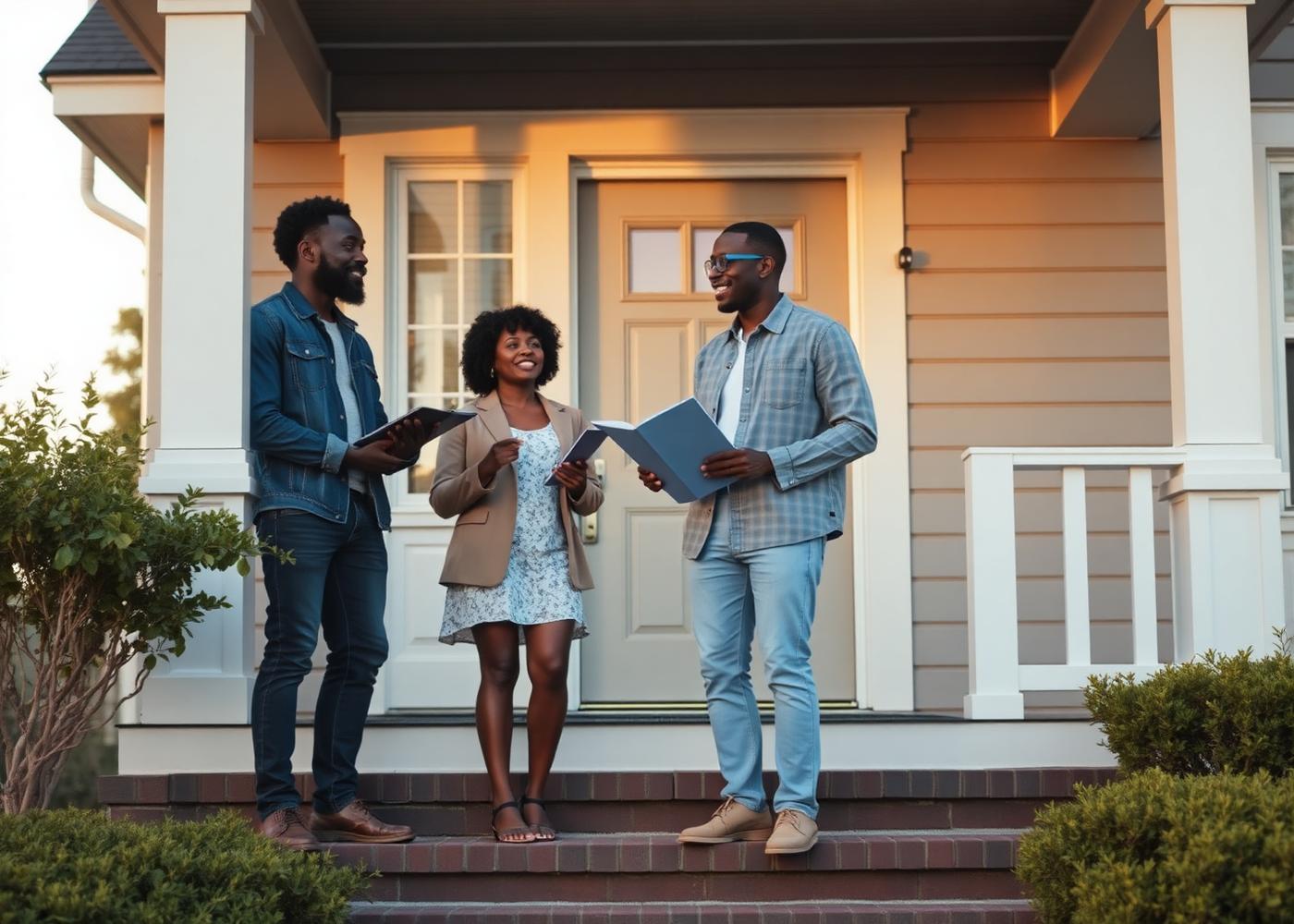 A couple standing on the front steps of their home holding a folder of documents