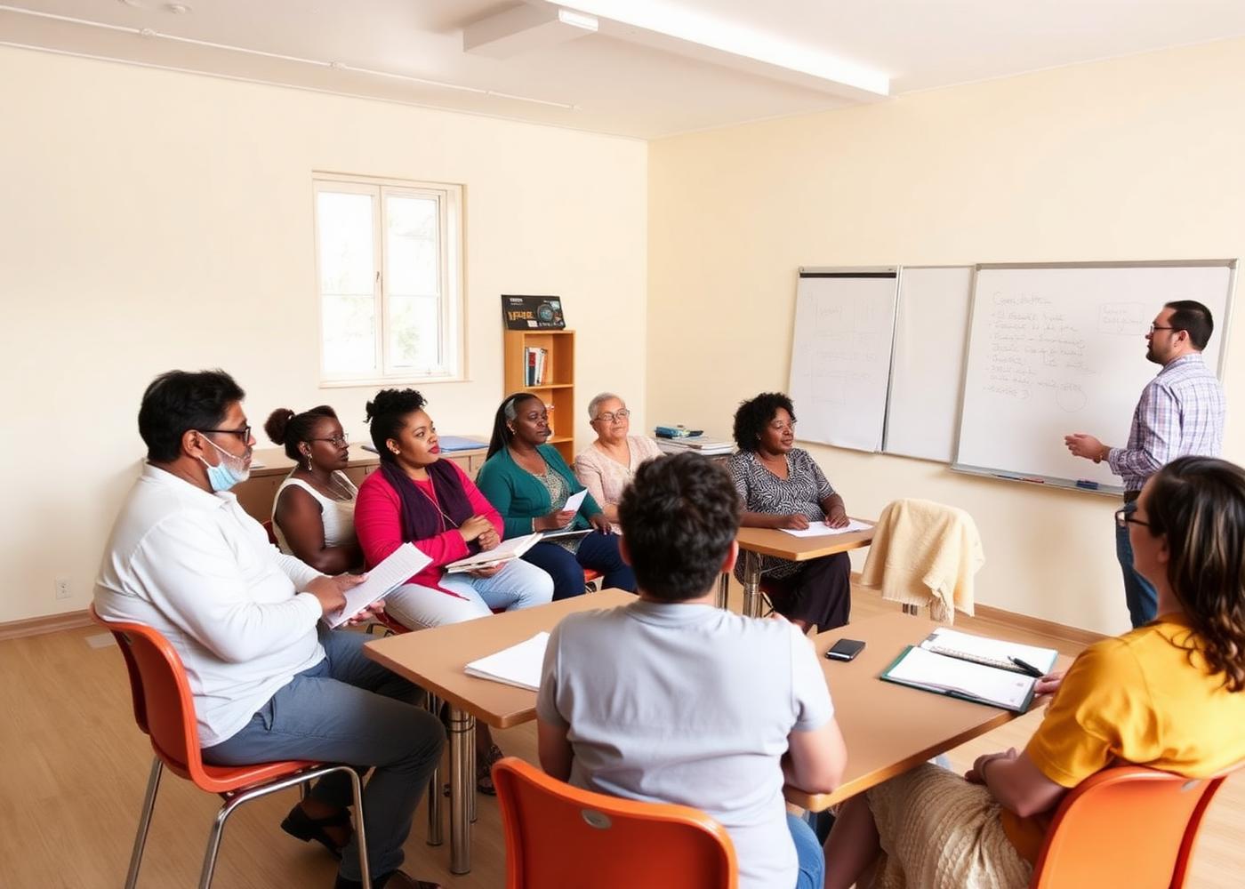 Adults seated with notebooks during a community financial education workshop